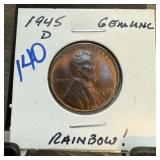 1945-D WHEAT PENNY CENT UNC RAINBOW