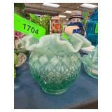Fenton Green Glass Ruffled Vase with Diamond Patte