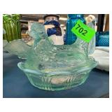 Fenton Glass Covered Hen Dish in Green Tint