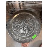 Handcrafted Engraved Metal Tray with Figural Scene