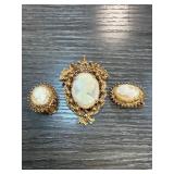 Florenza Gold-Tone Cameo Brooch and Clip-On Earrin