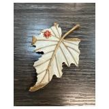 Trifari Gold-Toned Leaf Brooch with Ladybug Accent