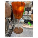 Amber Glass Goblet With Twisted Stem and Wooden Ba