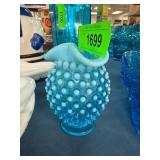 Blue Hobnail Glass Vase with Ruffled Edge