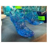 Blue Hobnail Glass Shoe Figurines