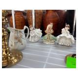 Porcelain Figurines, Pitcher, and Brass Candlestic