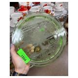 Green Vaseline Glass Round Platter with Floral Des