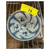 Blue and White Ceramic Bowl with Brown Exterior