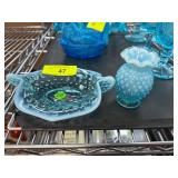 Two-Piece Blue Hobnail Glass Dish and Vase Set