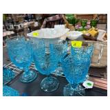 Seven-Piece Mixed Pattern Blue Glass Stemware Set