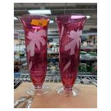 Pink Etched Glass Vases with Floral Design