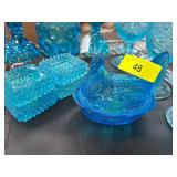 Blue Pressed Glass Decorative Hen and Dishes