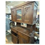 Wooden Hutch with Floral Carvings and Glass Panel