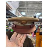 Tan Military-Style Cap with Emblem and Leather Tri