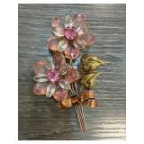Crystal and Brass Floral Brooch with Pink Stones