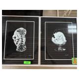 Two Black and White Cat Art Prints in Frames