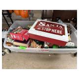 Clear Plastic Bin of Assorted Holiday Decorations