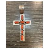 Sterling Silver Cross Pendant with Red Coral Inlay