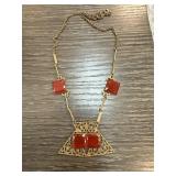 Gold-Tone Necklace with Red Square Gemstone Accent