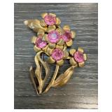 Gold-Tone Floral Brooch with Pink Rhinestones