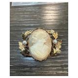 Gold-Tone Costume Cameo Brooch with Leaf Motif
