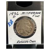 1936-D US Buffalo Nickel with Mint Error