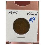 1905 Indian Head One Cent Coin in Very Good Condit