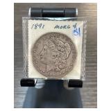 1891 Morgan Silver Dollar in Display Case