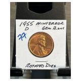 1955 D Lincoln Cent with Mint Error and Rotated Di