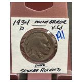 1934-D Buffalo Nickel with Severe Rotated Die Erro