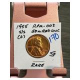 1955-S/S Lincoln Wheat Cent RPM-003 GEM Red UNC