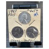 1943 P, D, S Steel Lincoln Cents in Display