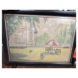 Original Watercolor of House, Yard, and Cat Scene Original Watercolor of House, Yard, and Cat Scene