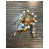 Austrian Gold-Tone Floral Brooch with White and Cl Austrian Gold-Tone Floral Brooch with White and Cl