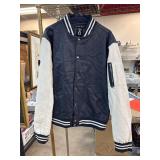 Fried Denim Varsity Jacket, Size XL, Navy and Whit Fried Denim Varsity Jacket, Size XL, Navy and Whit