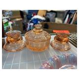 Pink Depression Glass Vanity Set with Lidded Jar a Pink Depression Glass Vanity Set with Lidded Jar a