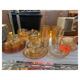 Amber Depression Glass Teacups, Saucers, and Tumbl Amber Depression Glass Teacups, Saucers, and Tumbl