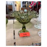 Green Glass Ruffled Edge Compote Bowl