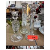 Three Crystal and Glass Candlestick Holders