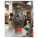 Heavy Ceramic Vase with Relief Design and Glazed F