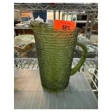 Green Ribbed Glass Pitcher with Handle