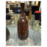 Handmade Brown Glazed Ceramic Bottle with Leaf Mot