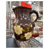 Handmade Brown Ceramic Pitcher with Floral Design
