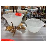 White Glass Bowls with Gilded Leaf Stand