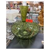 Green Pressed Glass Vase and Bowl Set