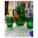 Green Glass Pitcher with Two Tumblers