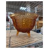 Amber Glass Footed Bowl with Geometric and Floral