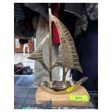 Brass Sailboat Sculpture on Wooden Base