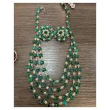 Three-Strand Green Crystal Necklace with Clip-On E