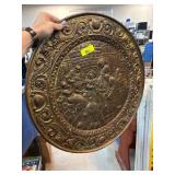 Round Embossed Brass Wall Hanging with Tavern Scen